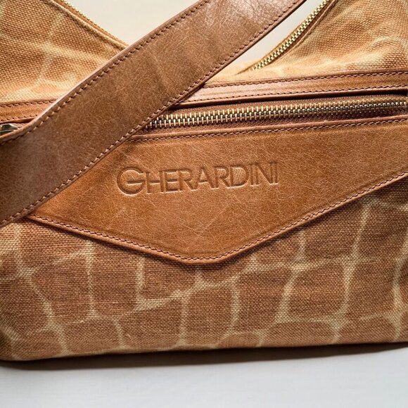 GHERARDINI TAN BEIGE GIRAFFE ANIMAL PRINT CANVAS LEATHER COMBO SHOULDER BAG - OS - Picture 6 of 10